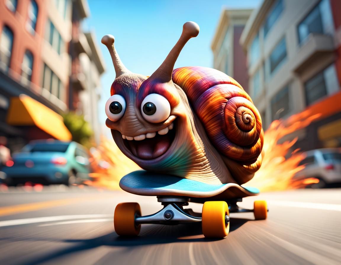 happy snail skateboarding in San Francisco street  by @Didier B