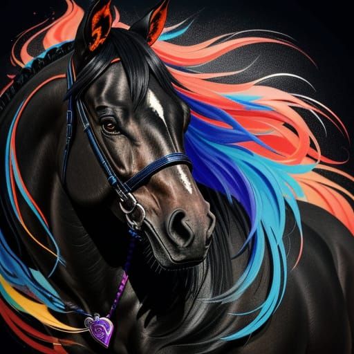 Hyperrealistic Black Horse with Man Tattoo