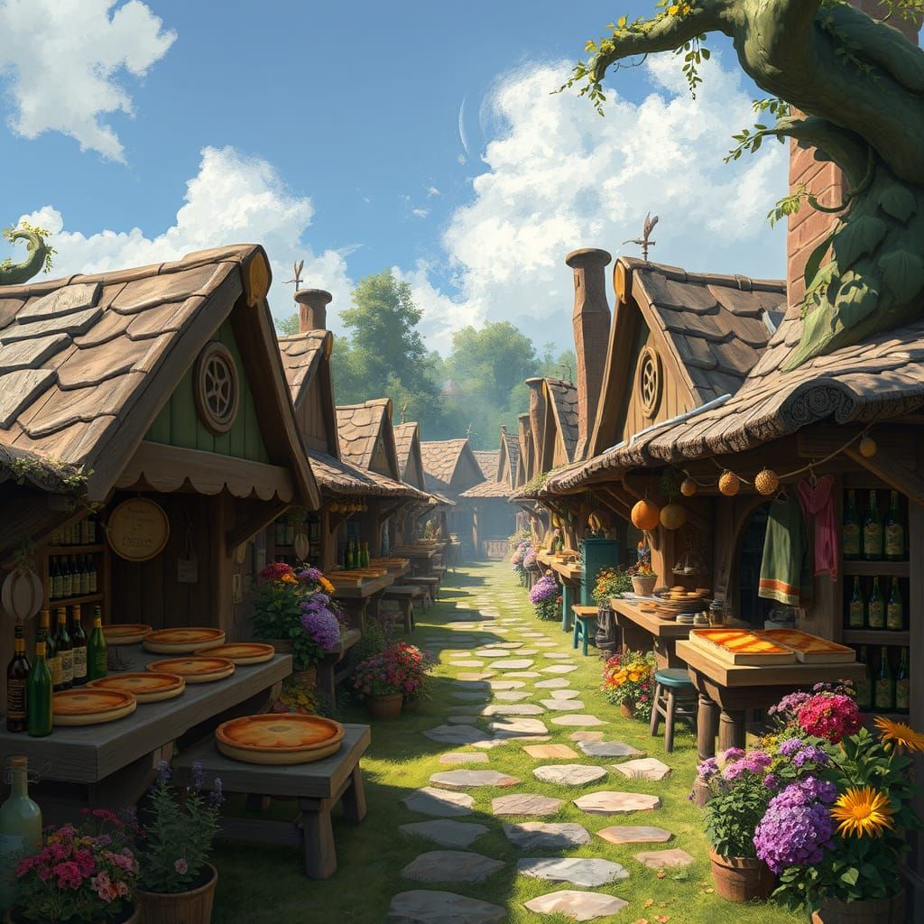  Lost Imaginative Concepts, hobbit market, colorful stalls, pies, bottles,flowers   by @Skye_flibbertigibbet