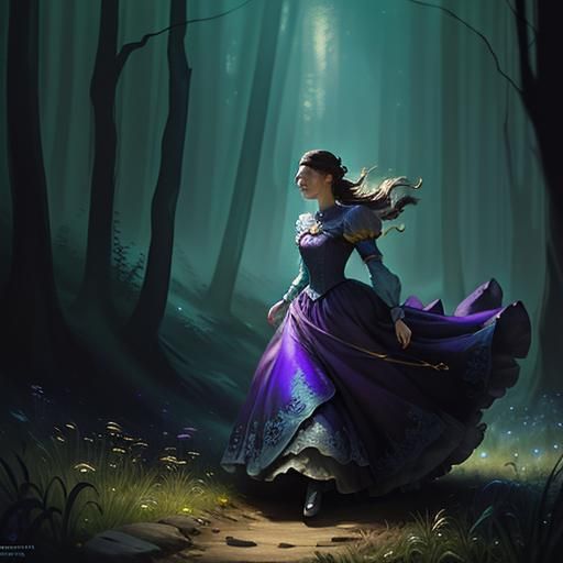 cinderella wearing a huge ballgown running away into a dark ...