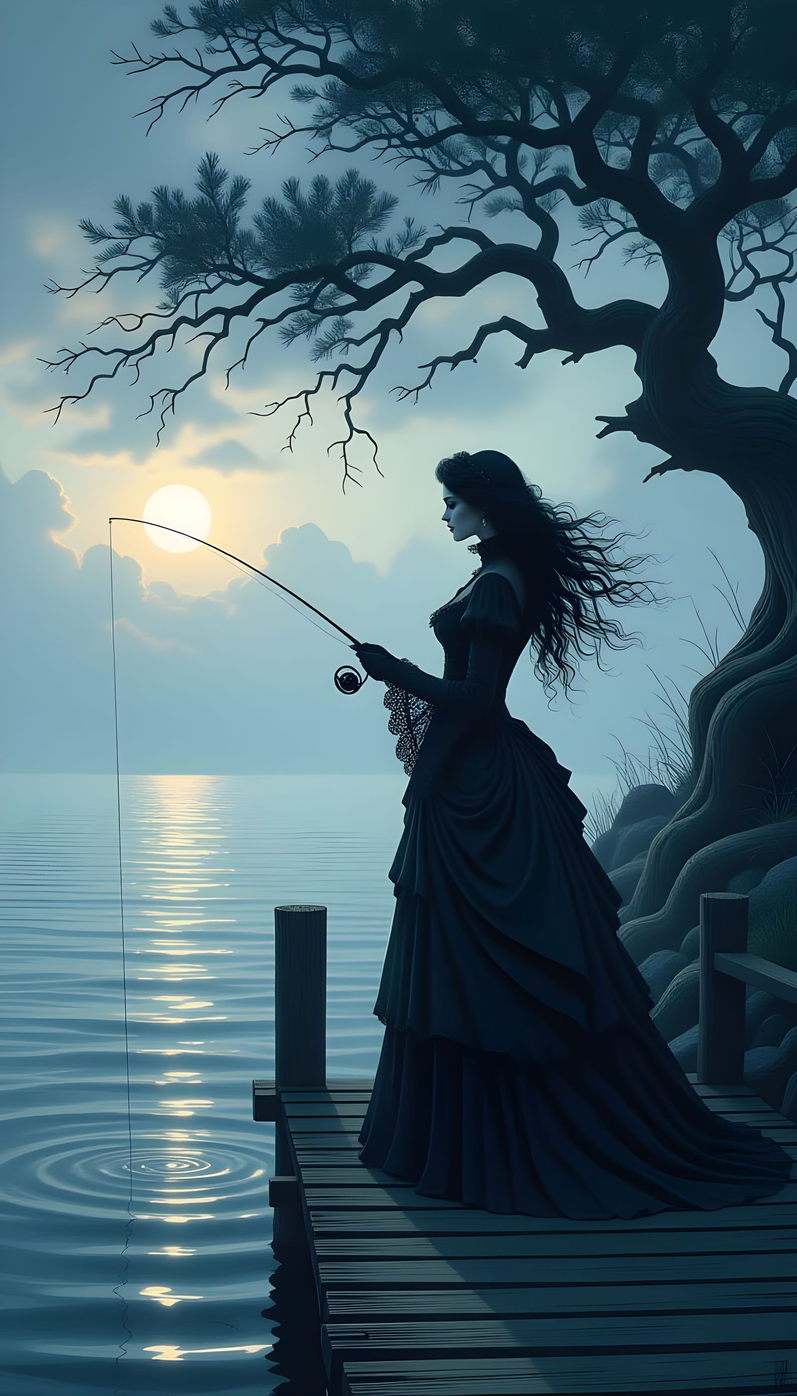 Gothic Dream of Woman Fishing on Misty Dock