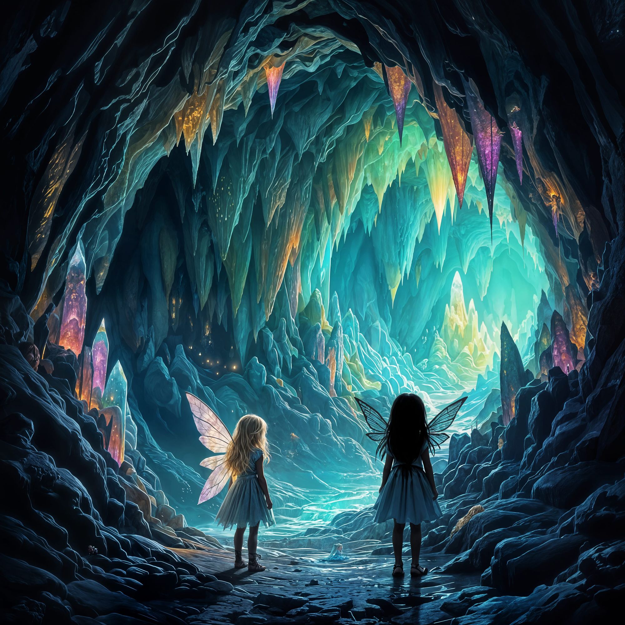 Large room in underground cave. In the large room are lots of colorful stalactites and stalacmites. There are also tunnels leading out of th...