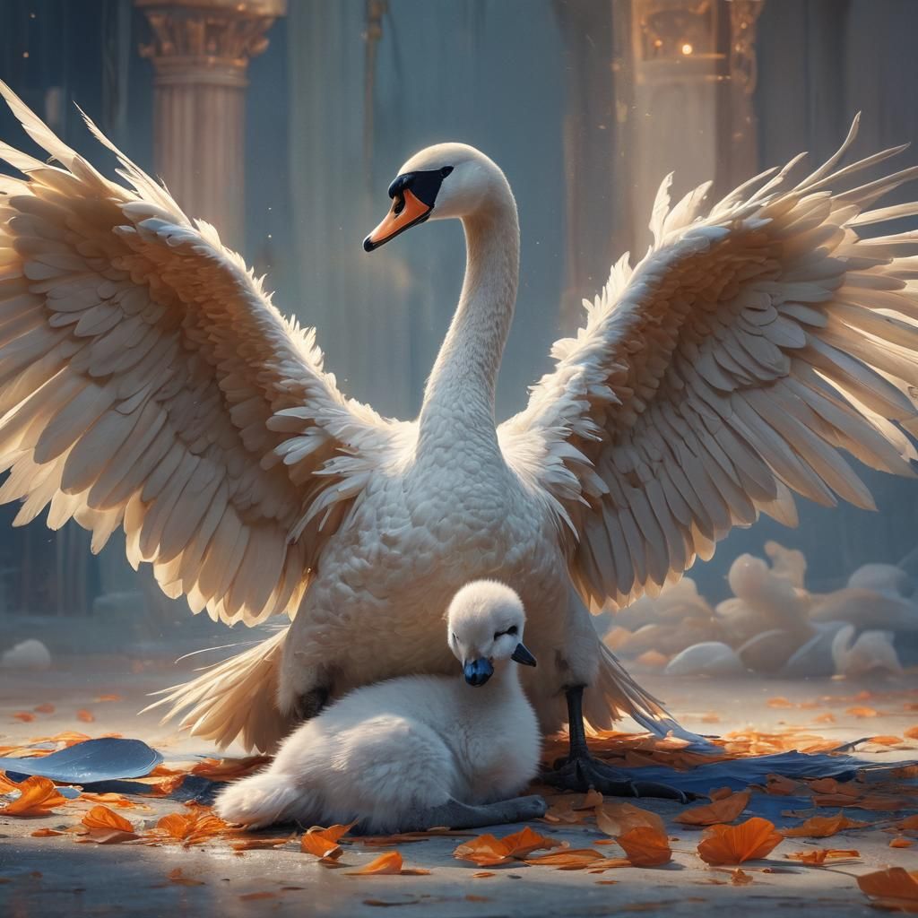 Swan Shelters Kitten: Fantasy Digital Painting