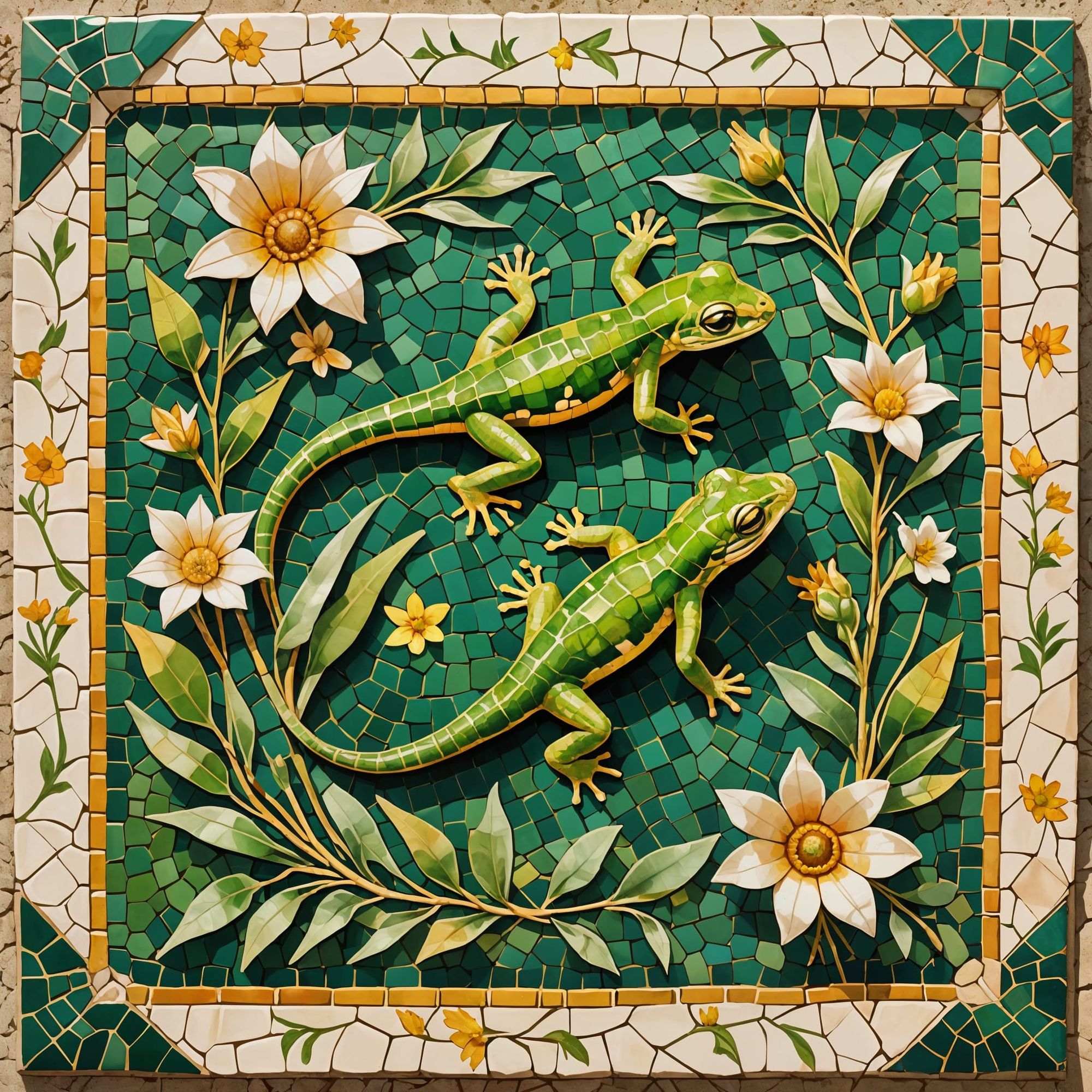 A pair of mosaic geckos, bask on a sun-drenched, Ancient Roman mosaic floor. 