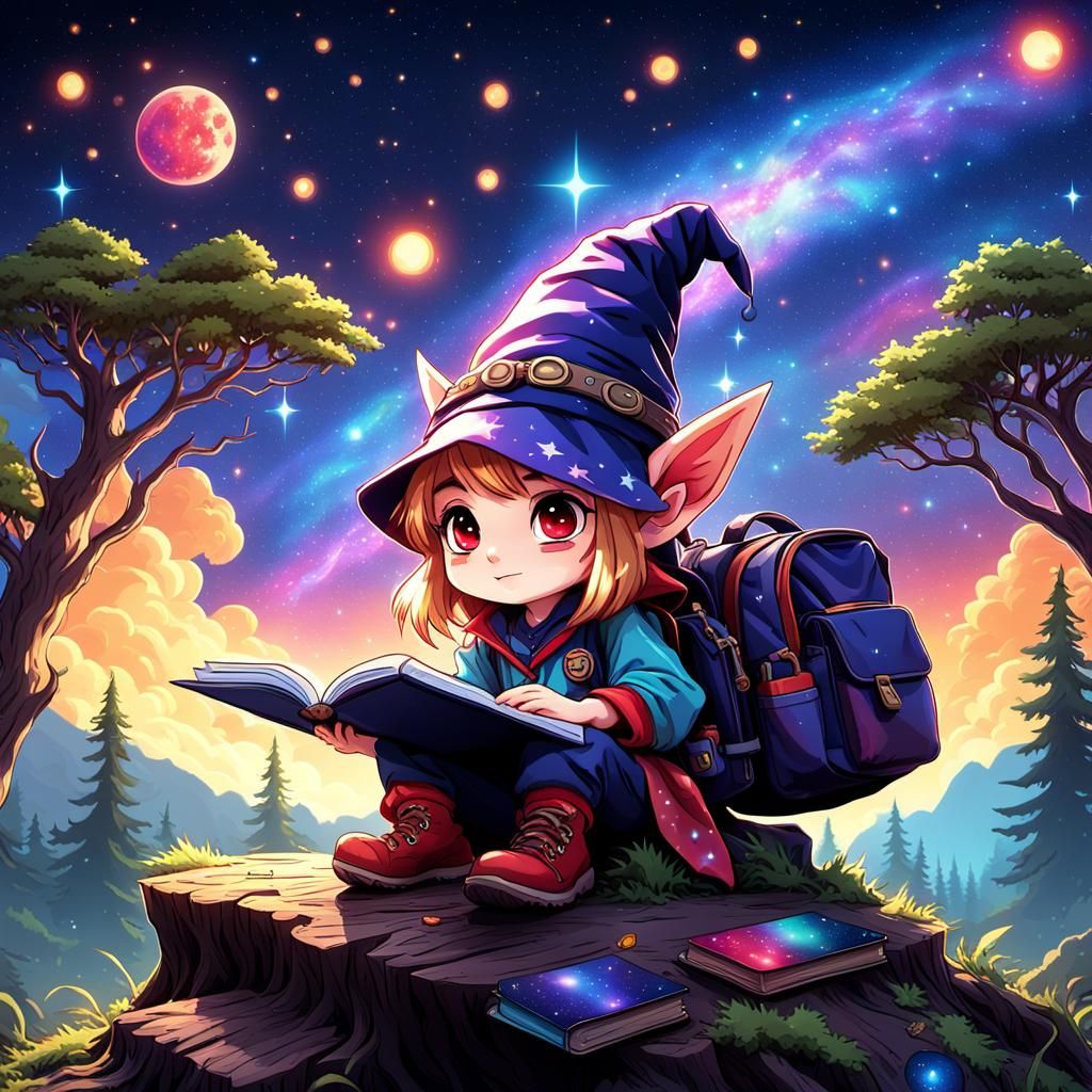 1990s era anime of A cute adorable uwu kawaii chibi big headed wide eyed youthful  feminine Gnome wizard ...  by @7starDud3