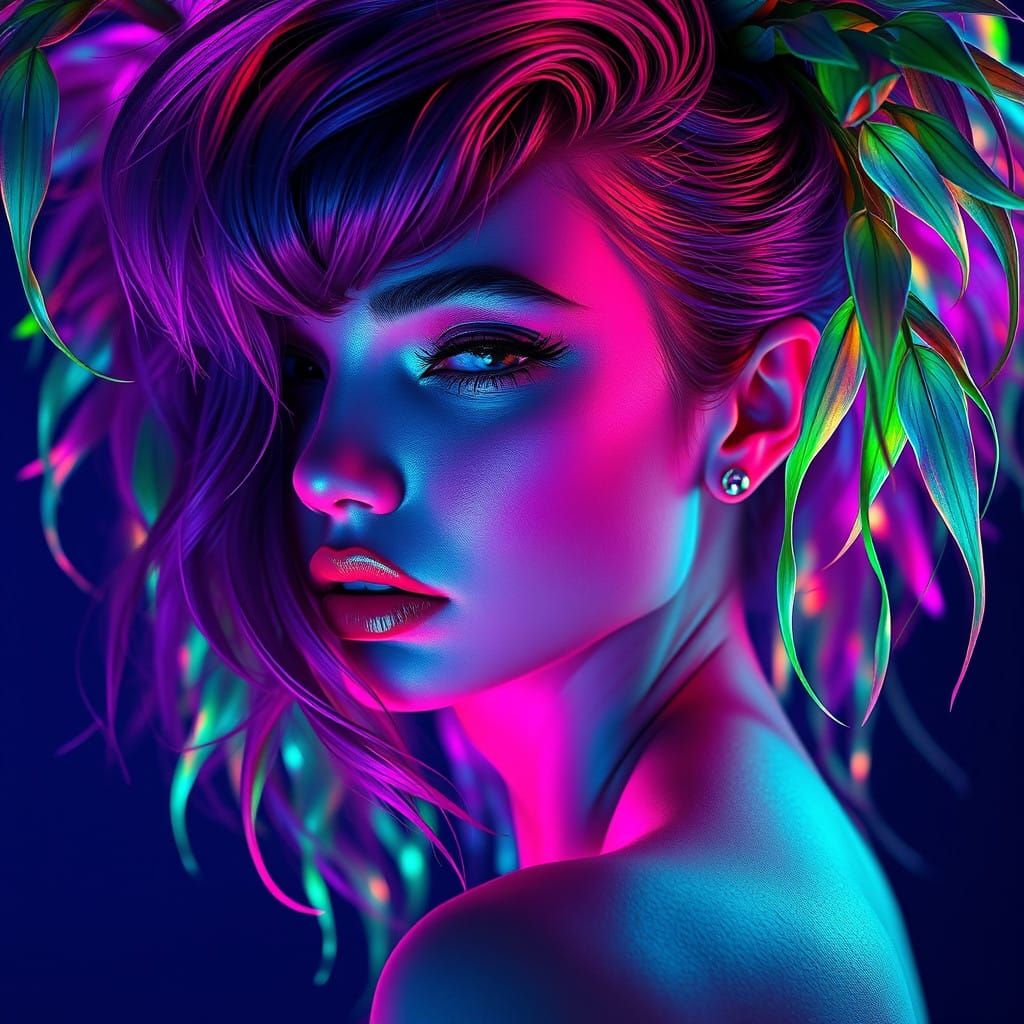 Hyperreal Girl with Neon Makeup and Kaleidoscopic Hair