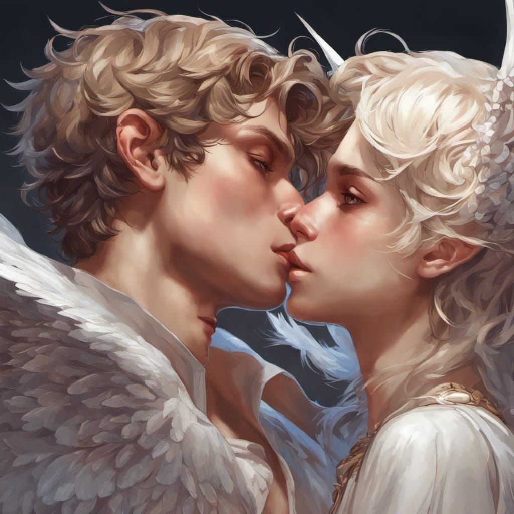 Young gay kiss of a beautiful angel boy and a beautiful demon boy full of  love and cute - AI Generated Artwork - NightCafe Creator