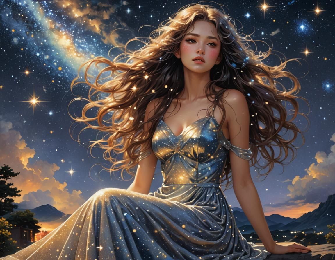 young woman sitting under a starry sky