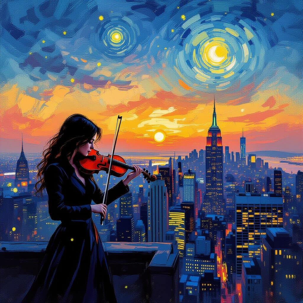 Poster art style. Medium shot. A lone violinist stands on a rooftop overlooking a sprawling city skyline ...  by @rod1947