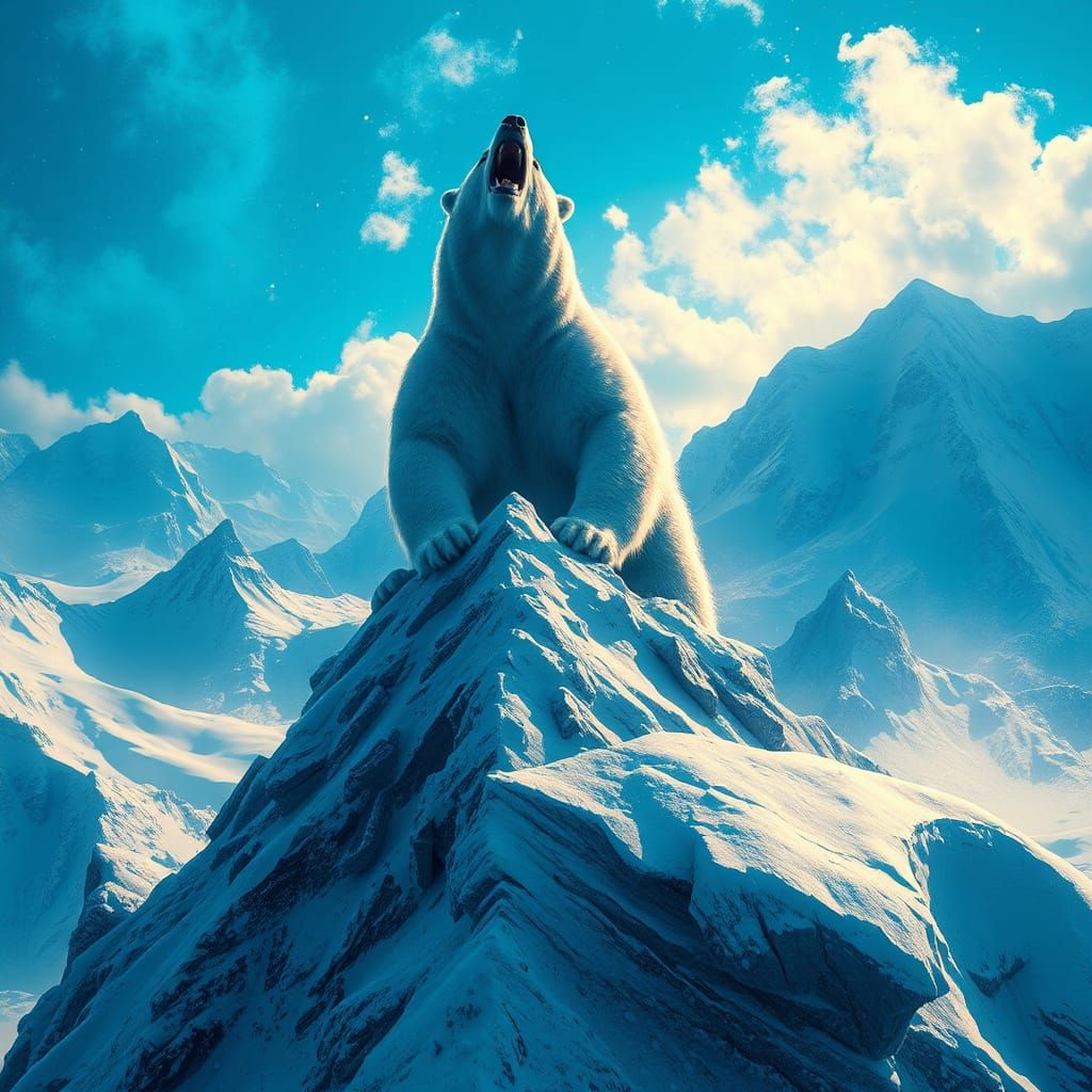 Polar Bear Roaring on Snowy Peak in Digital Art