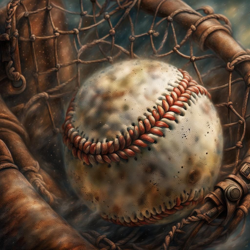 Hyper-detailed close up of an old worn out baseball in an old catcher's mit. ethereal fantasy hyperdetailed ...  by @Leland Lewis