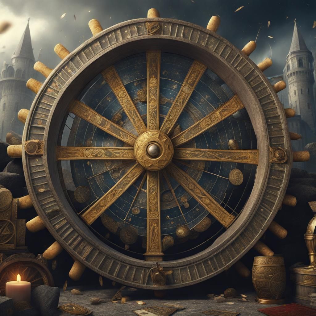 A chariot Wheel. surrounded by a flurry of tarot cards