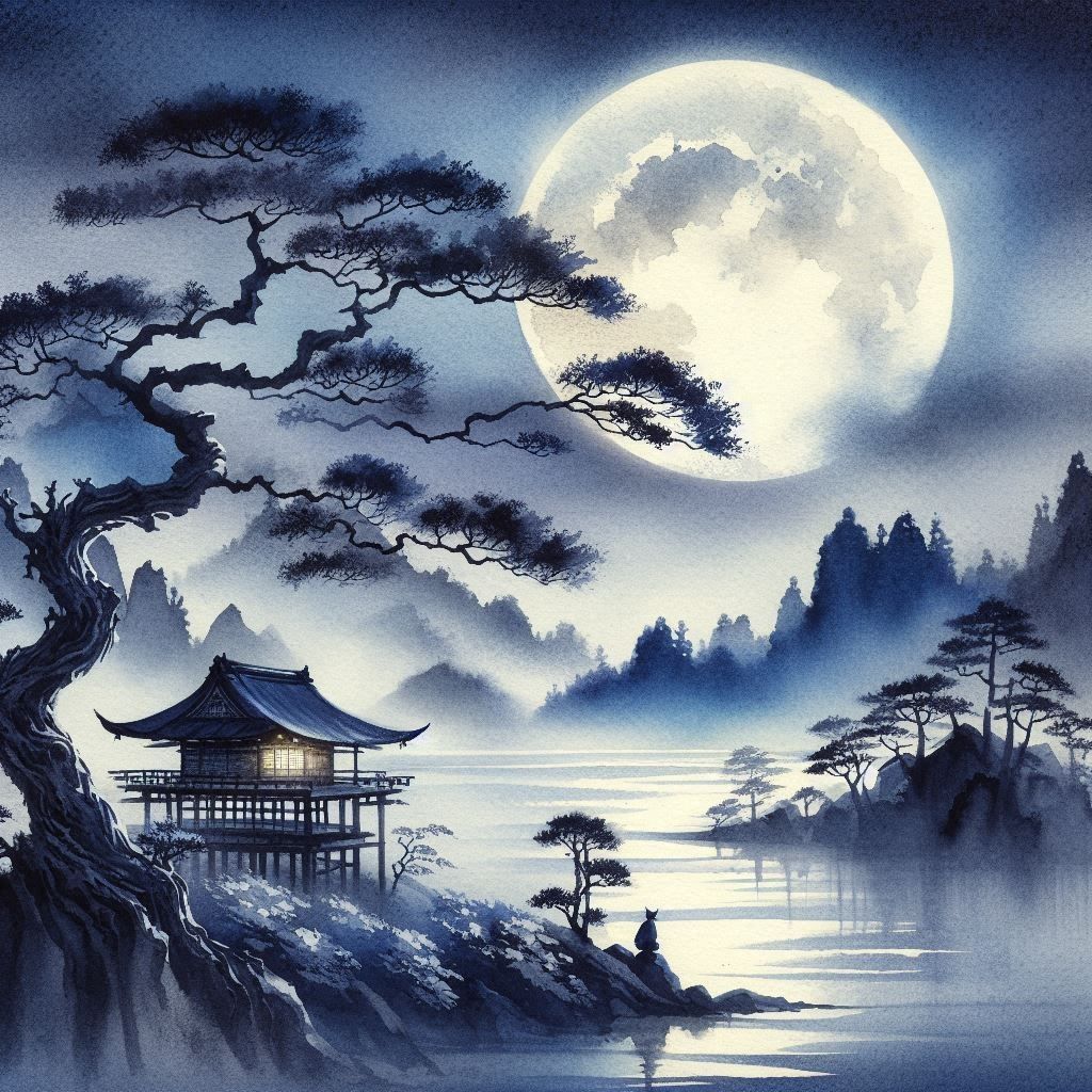 a japanese zen landscape, watercolour