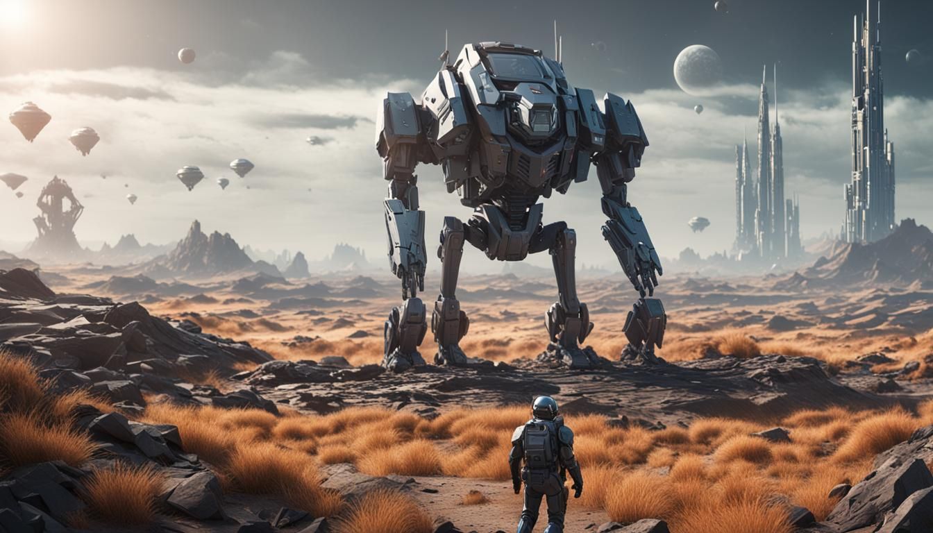 Mech soldier, space ship in background, amazing science fict...