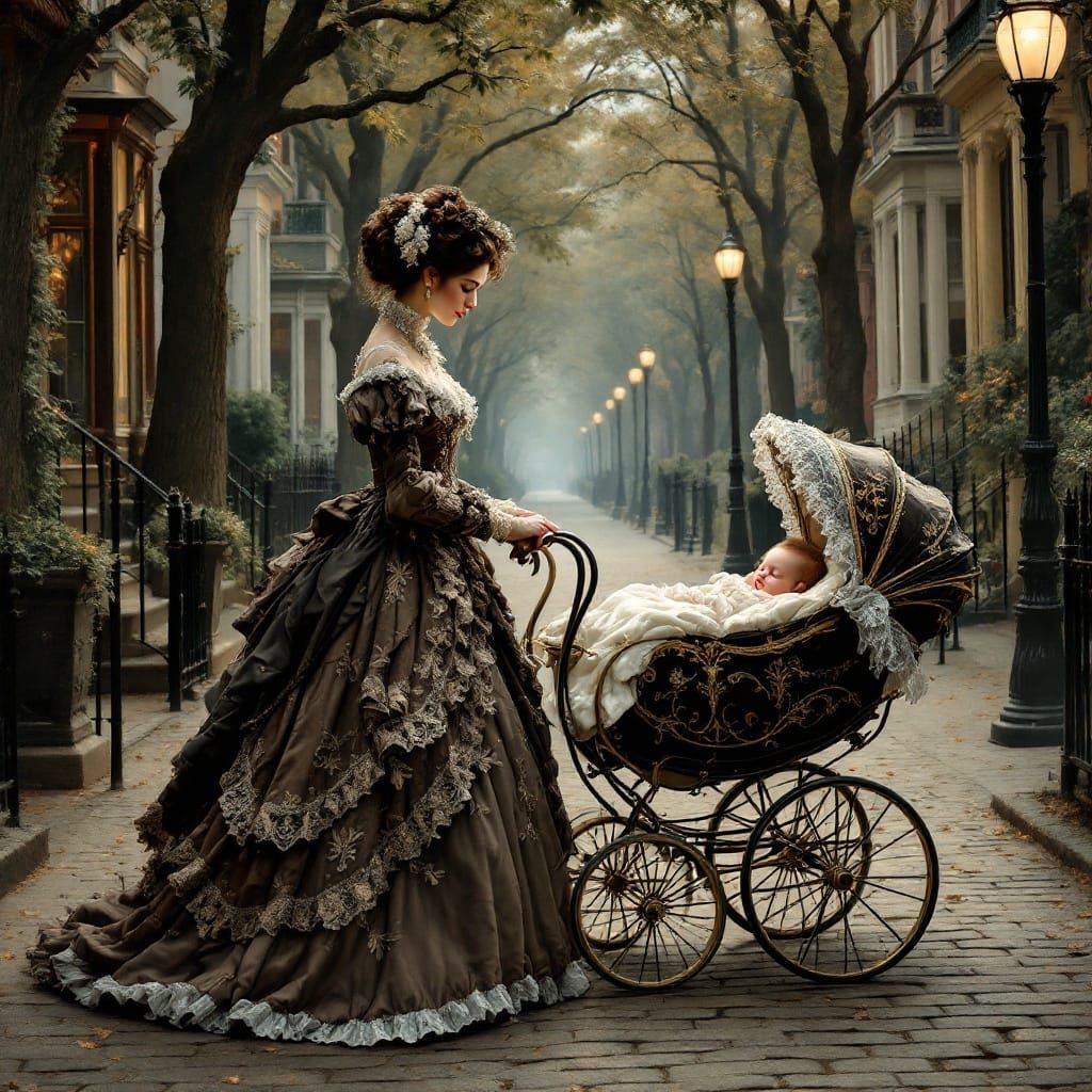 An 1878 Victorian lady in an appropriate full-length gown, pushing a pram a sleeping infant inside, ...  by @Char