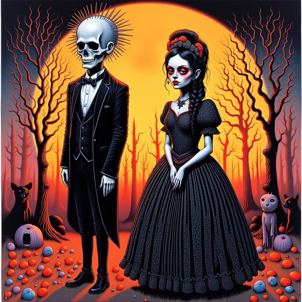 <lora:MrsH Darkling:1.0> Hellraiser and his wife in eerie surreal colorful ink gothic painting of "American Gothic" style, odd, creepy, pinh...
