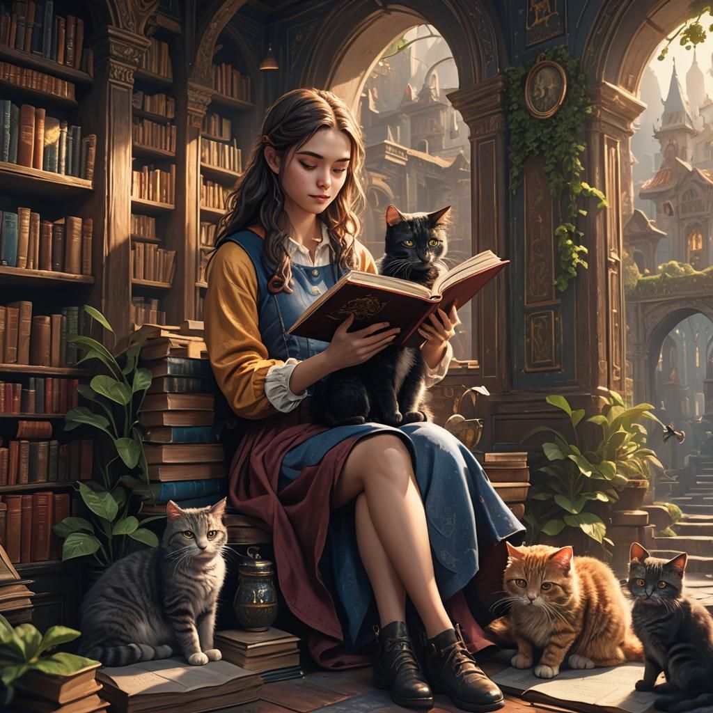 Girl reading a book with her cat
