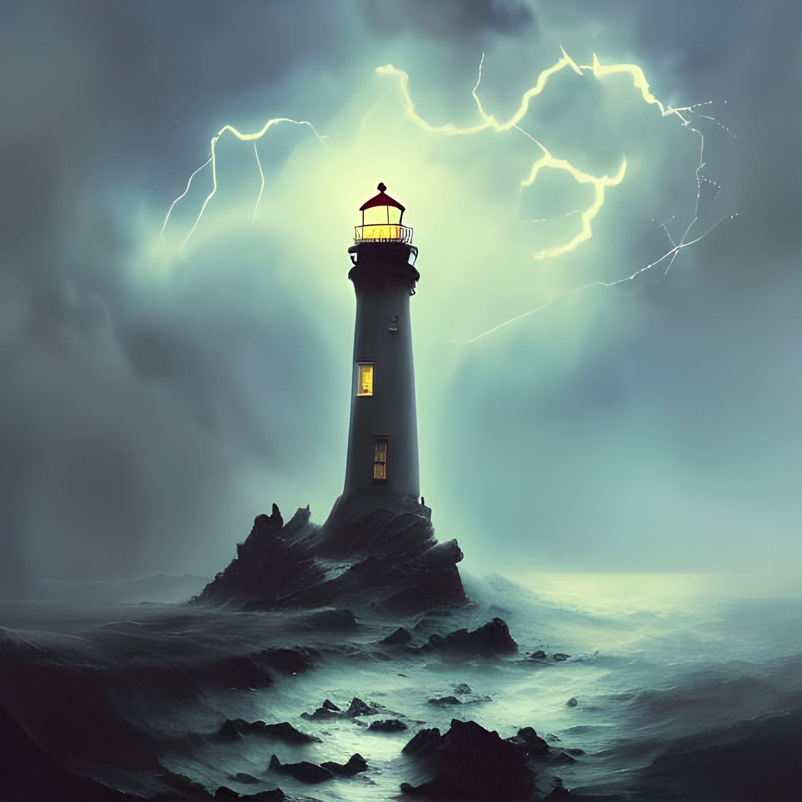 Lighthouse surrounded by Lightning   by @Danso