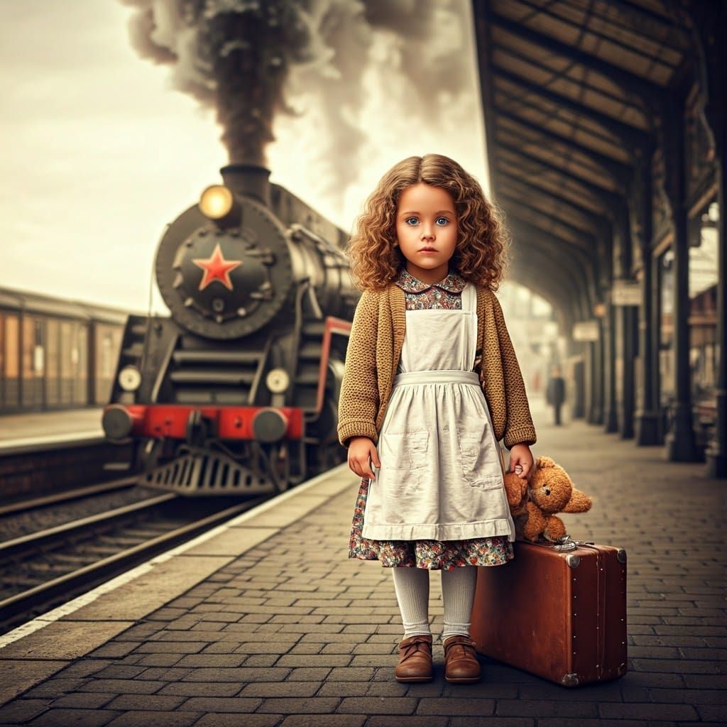 Little Girl at Vintage Train Station in Warm, Golden Light