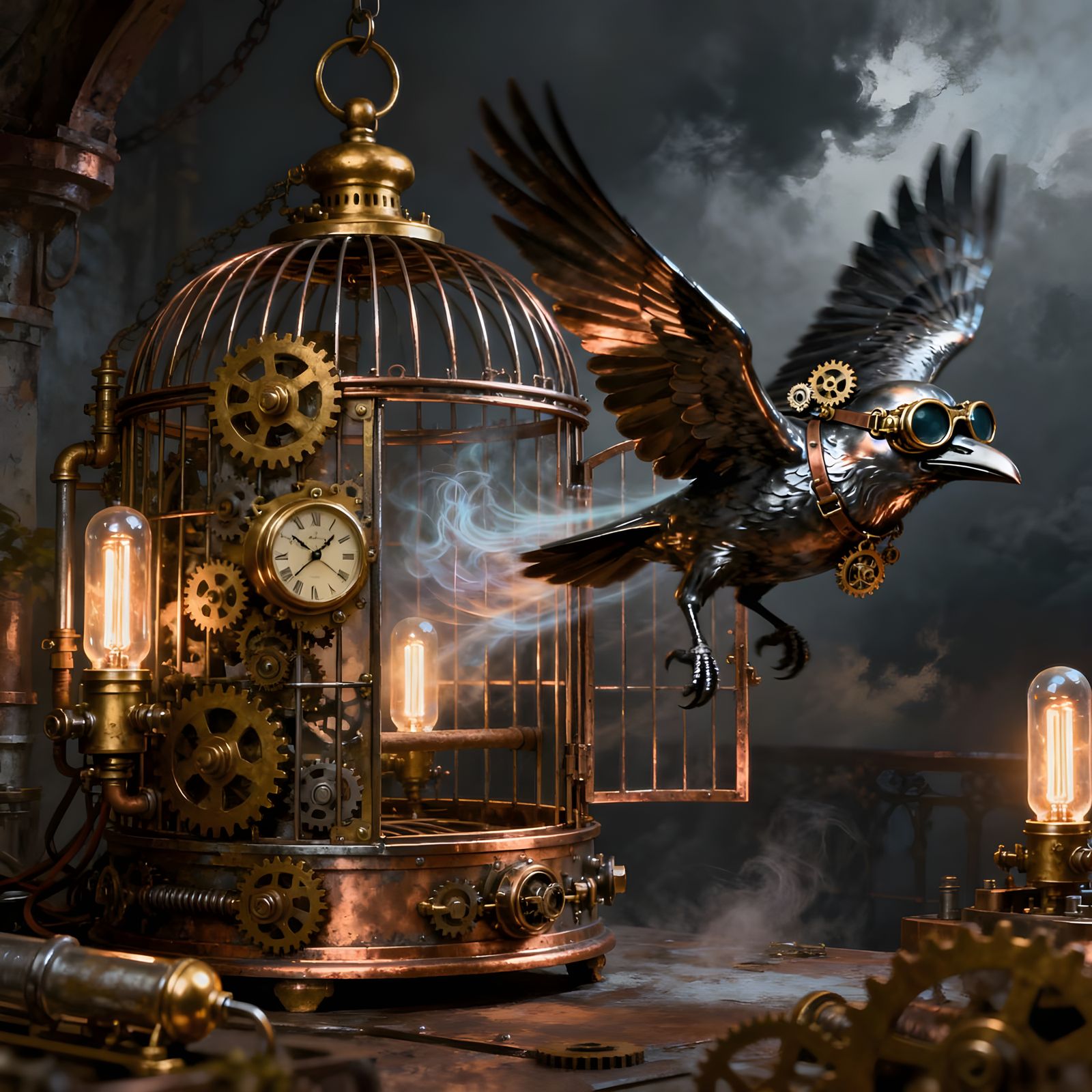 A steampunk-style birdcage with gears, light, and motion, with a steampunk crow flying from the birdcage, ...  by @Revenant_