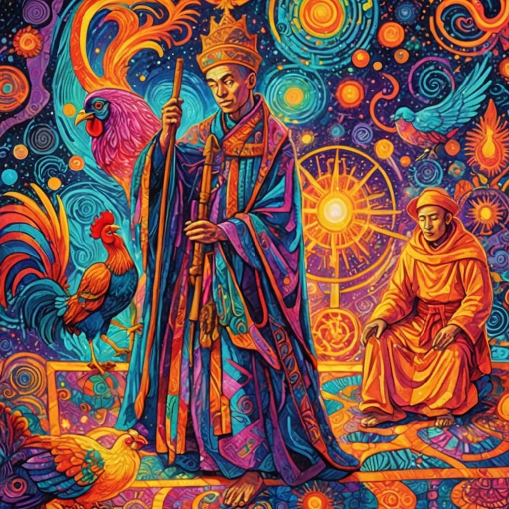 A man fighting with birds. A monk sitting