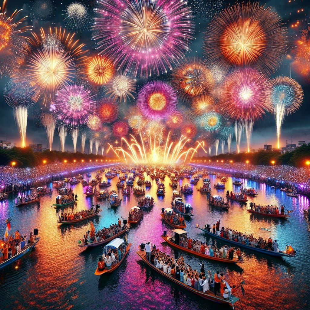 Fireworks for independence day seen over a river, filled with boats of onlookers watching the show