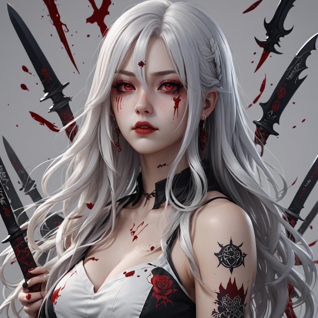 Curvy Woman,long white hair,tattoos,Yandere,Knifes,Blood, cute  face,black,red,Vampire - AI Generated Artwork - NightCafe Creator