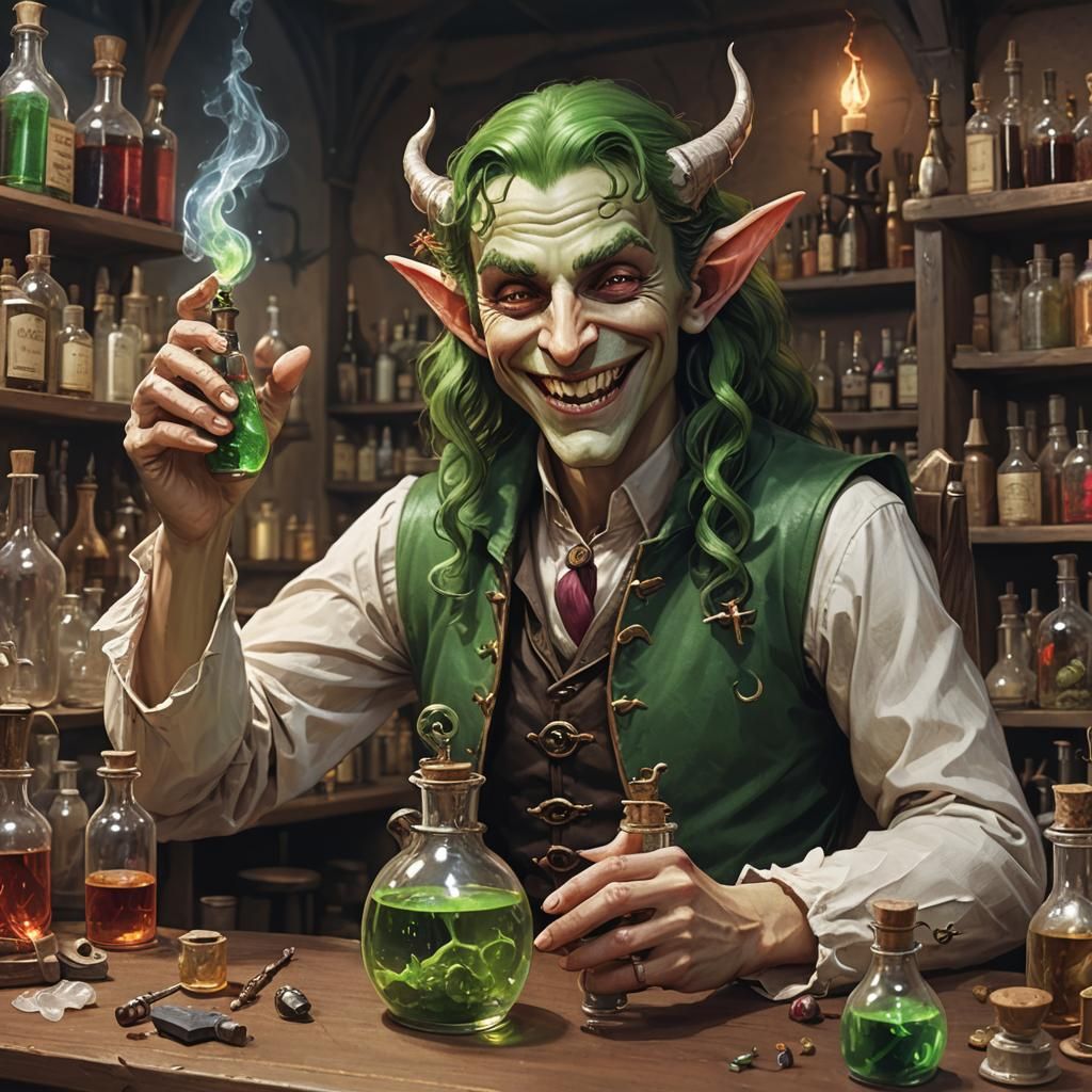 Elf demon in an alchemists lab grinning over a  vial of poison  by @Len H