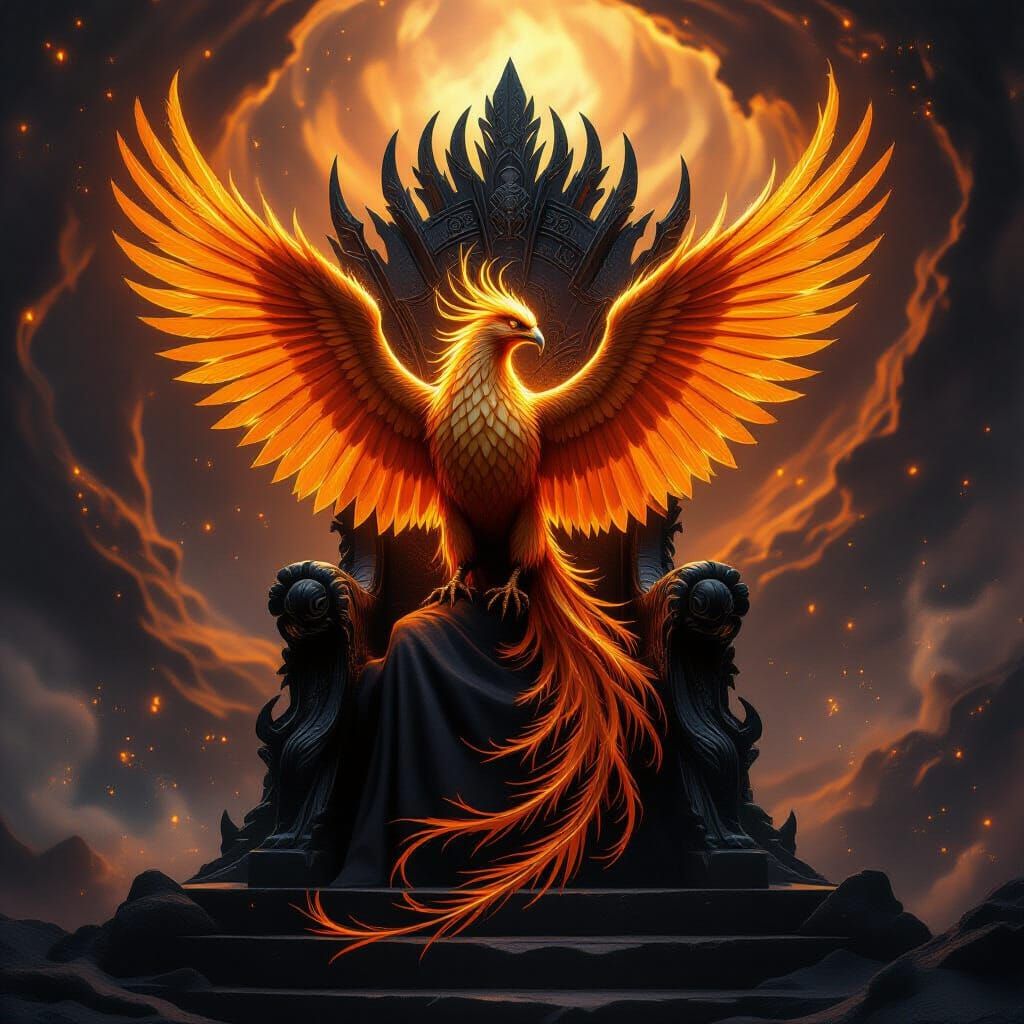 A majestic phoenix crafted entirely from molten gold and shimmering embers, perched regally on a throne of obsidian. The throne is intricate...