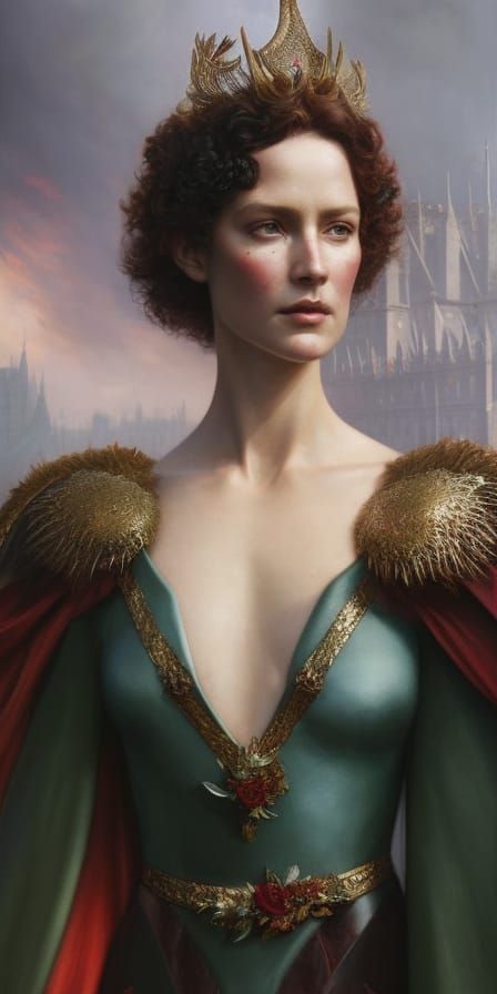 Britomart, Dame of Valor, fairy queen, brown curls, red dres...