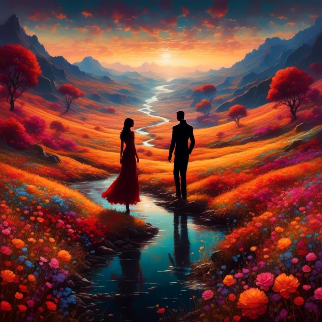 Flowery landscape, silhouette of a man and woman embracing, warm colors ...