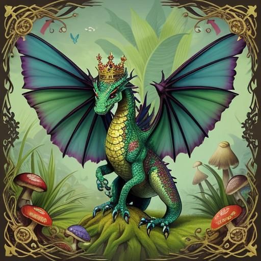 a tiny dragon, adorned with a crown, perched atop a large, v...