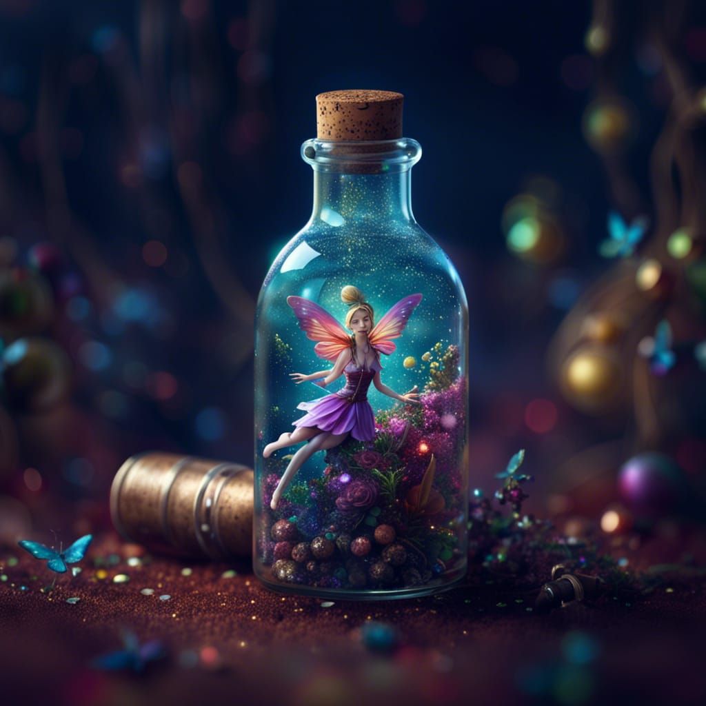 tiny fairy stuck in a bottle with cork and ad lots of glitte...