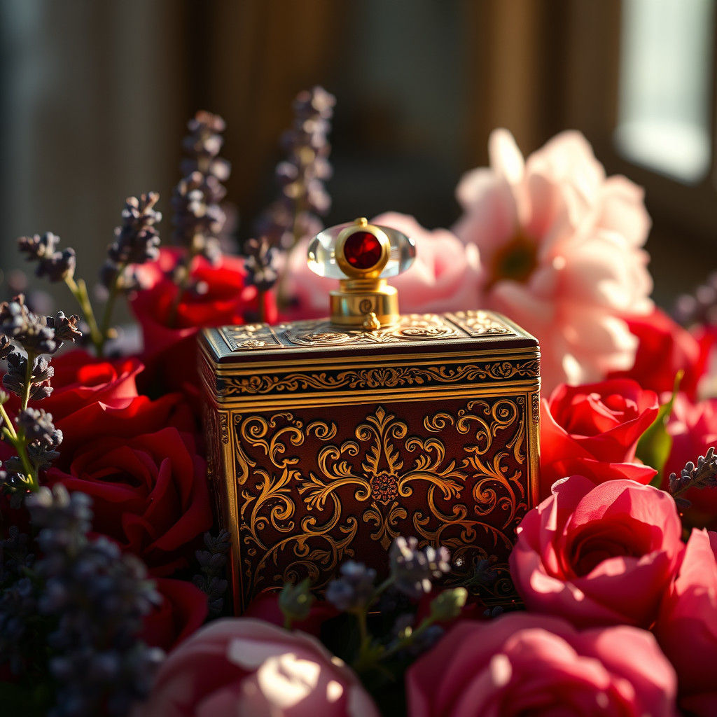 A floral-themed perfume box with intricate patterns, styled ...