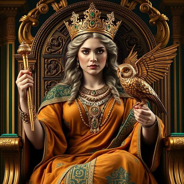 Hera, the queen of Olympus, seated on a grand throne decorat...