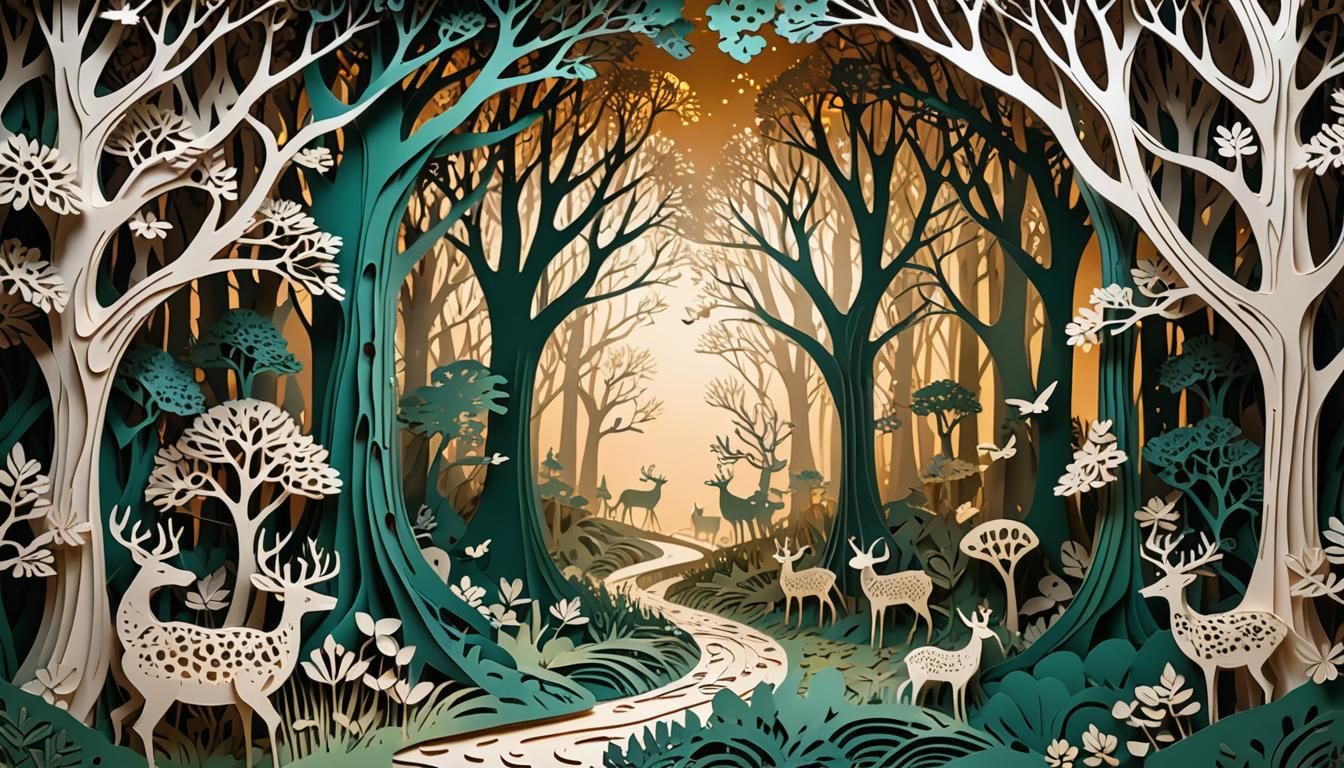 A mesmerizing kirigami scene of a magical forest, with intricate trees, animals, and fairy houses crafted ...  by @daranee Sae-Tang