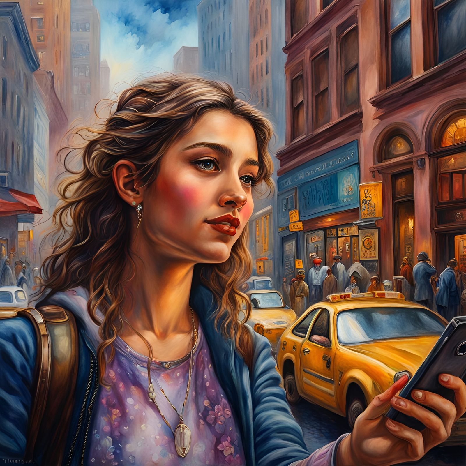 A girl taking a selfie of herself in downtown New York City ...