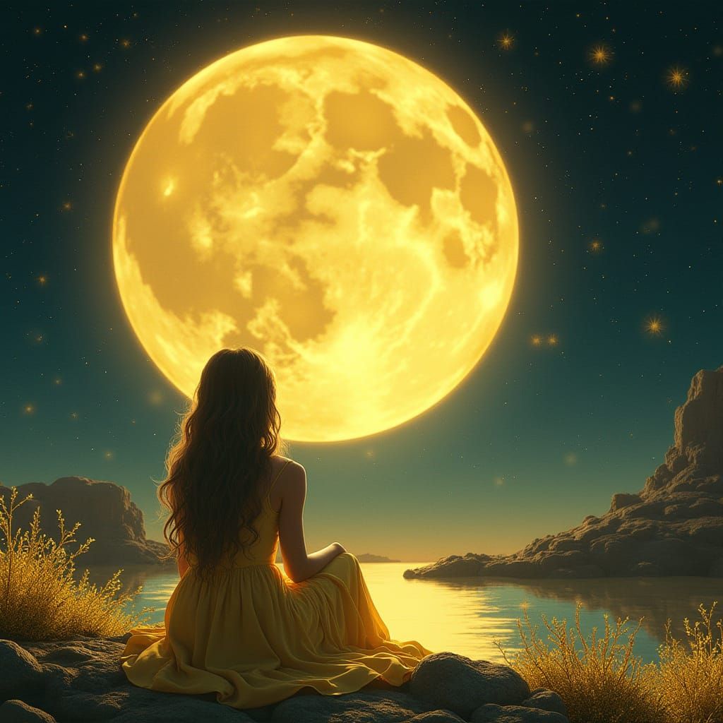 Glowing Moon Fantasy Scene with Luminous Golden Plants