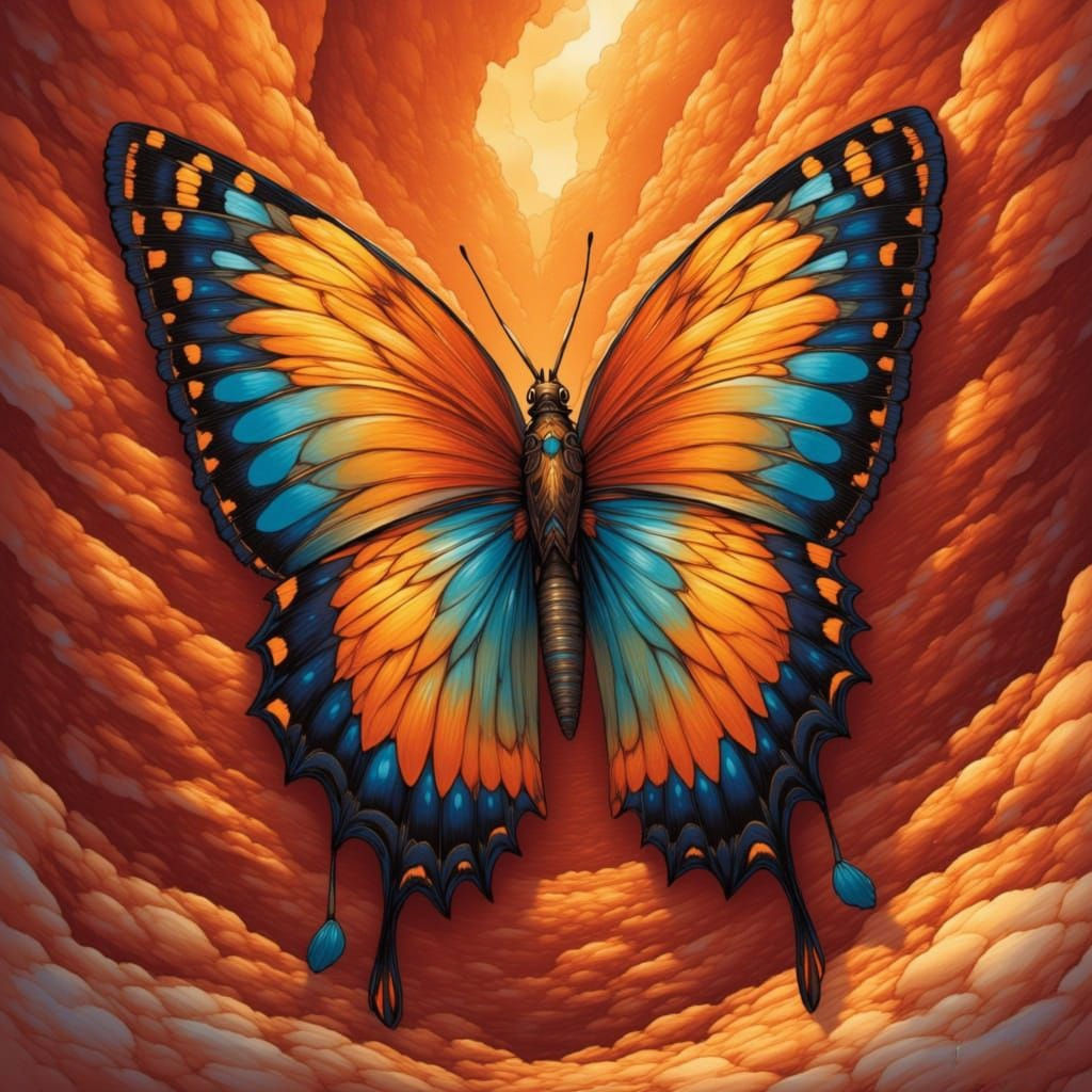 A colorful painted butterfly on a red rock desert cliff face <lora:Inkafae:1.0>