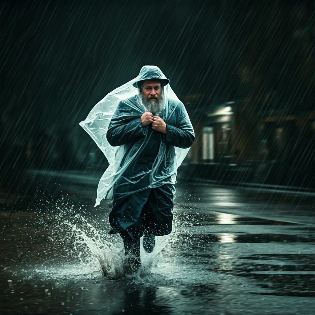 Orthodox Man Runs in Rain: Photorealistic Digital Art