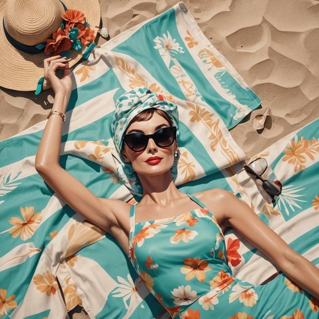 A woman with giant white framed sunglasses wearing a  swimsuit lounging at the beach