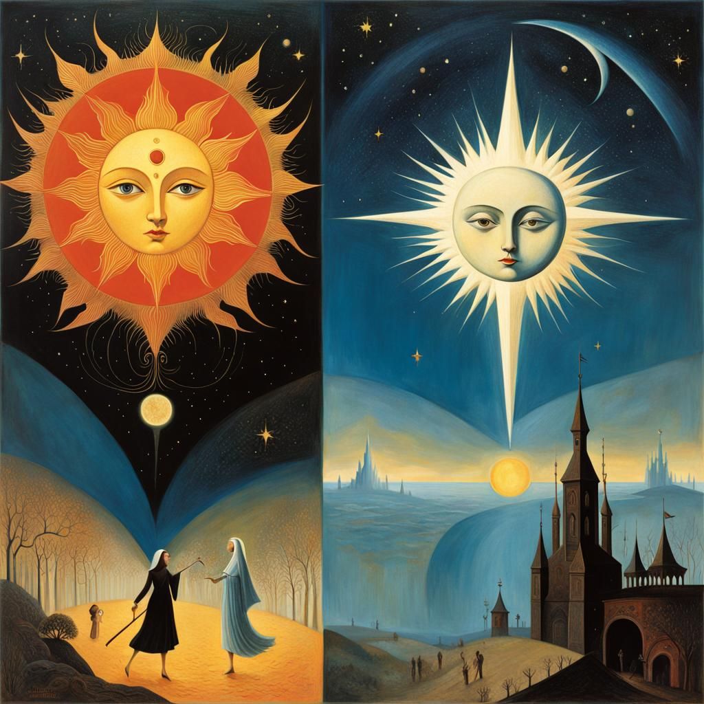 Good vs evil, sun vs moon, surrealism, starlight, Balbusso, ...