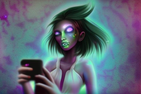 celestial zombie takes a selfie outside the silhouette of ca...