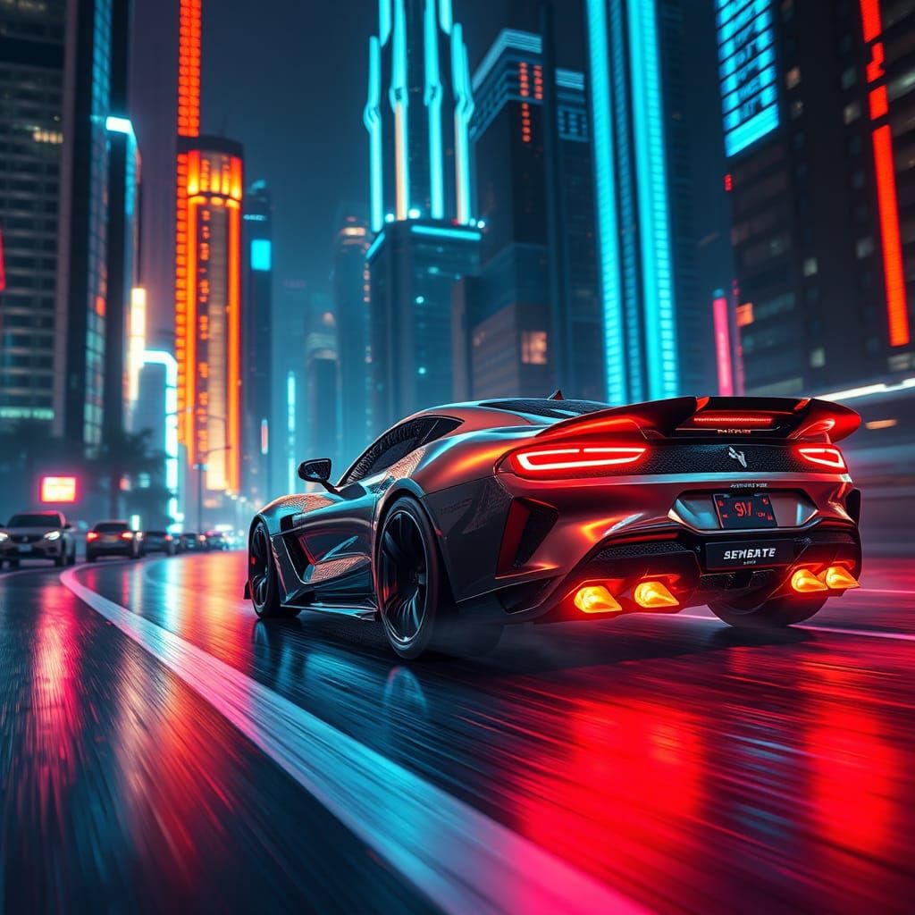 Futuristic Sports Car on Neon Highway in Cyberpunk Style