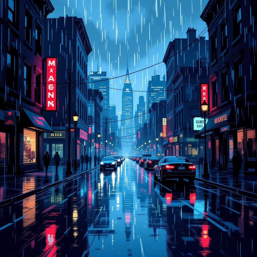 Moody Neon Reflections in Winter City Rain