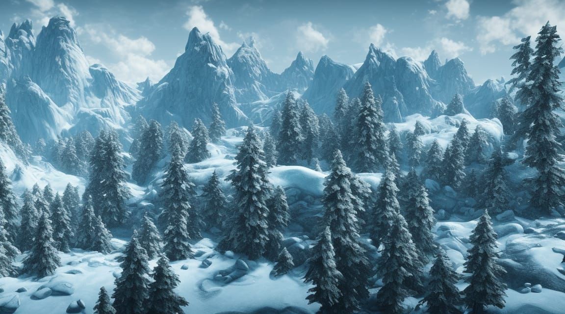 Snowy mountains with a glacier surrounded by spruce trees in...