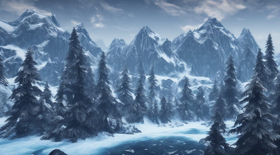 Snowy mountains with a glacier surrounded by spruce trees in...
