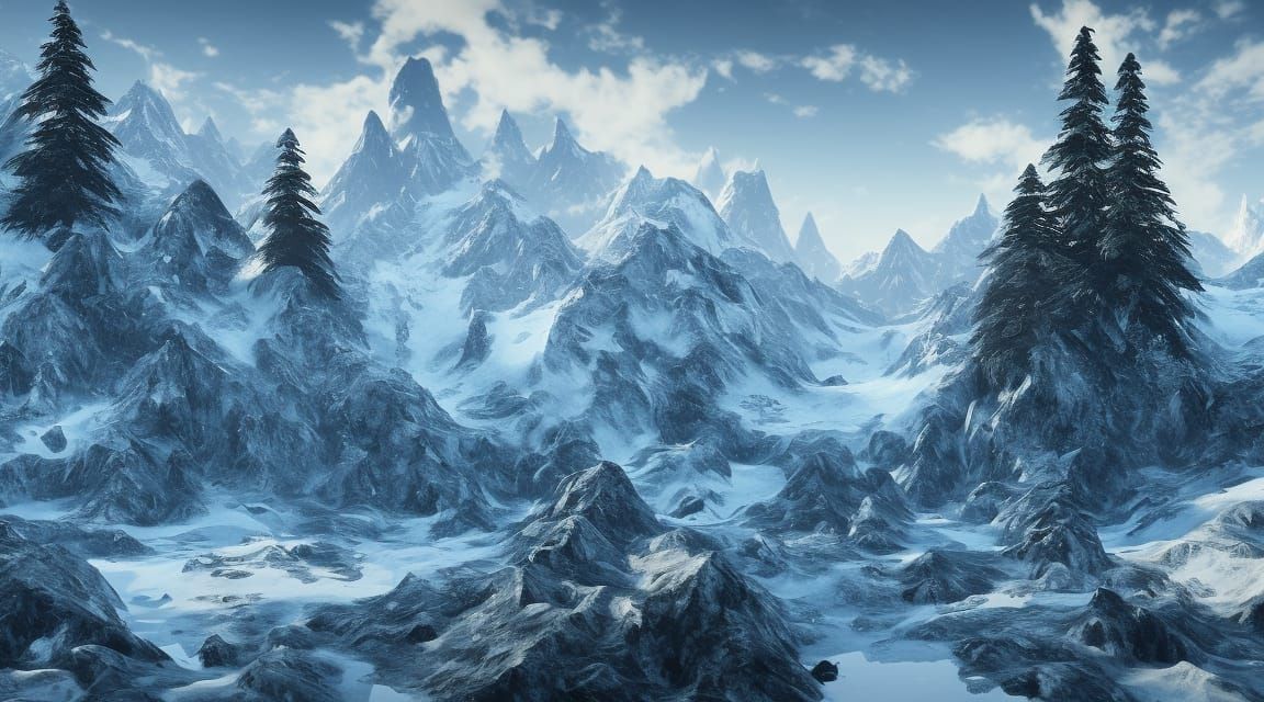 Snowy mountains with a glacier surrounded by spruce trees in...