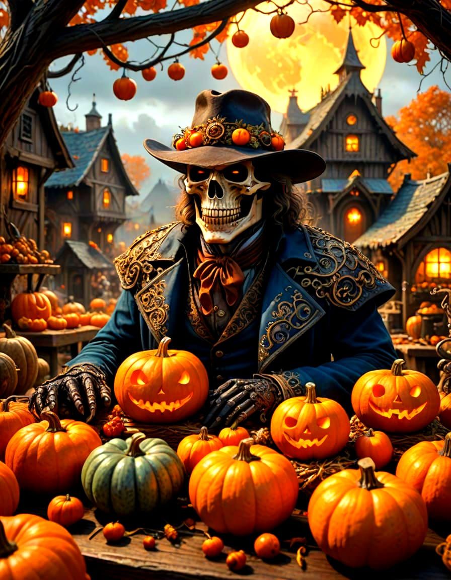 Nightmare Harvest Festival Creepy miniature, muted colorful creepy harvest festival on a rustic wooden table, showcasing an abundance of div...