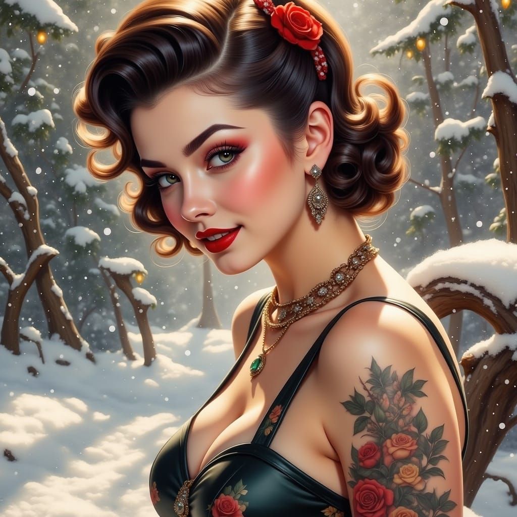 <lora:Pinup flux:1.0> Striking incredibly detailed 50s pin up style female enjoying a day in the snow, Hyperrealistic, splash art, concept a...